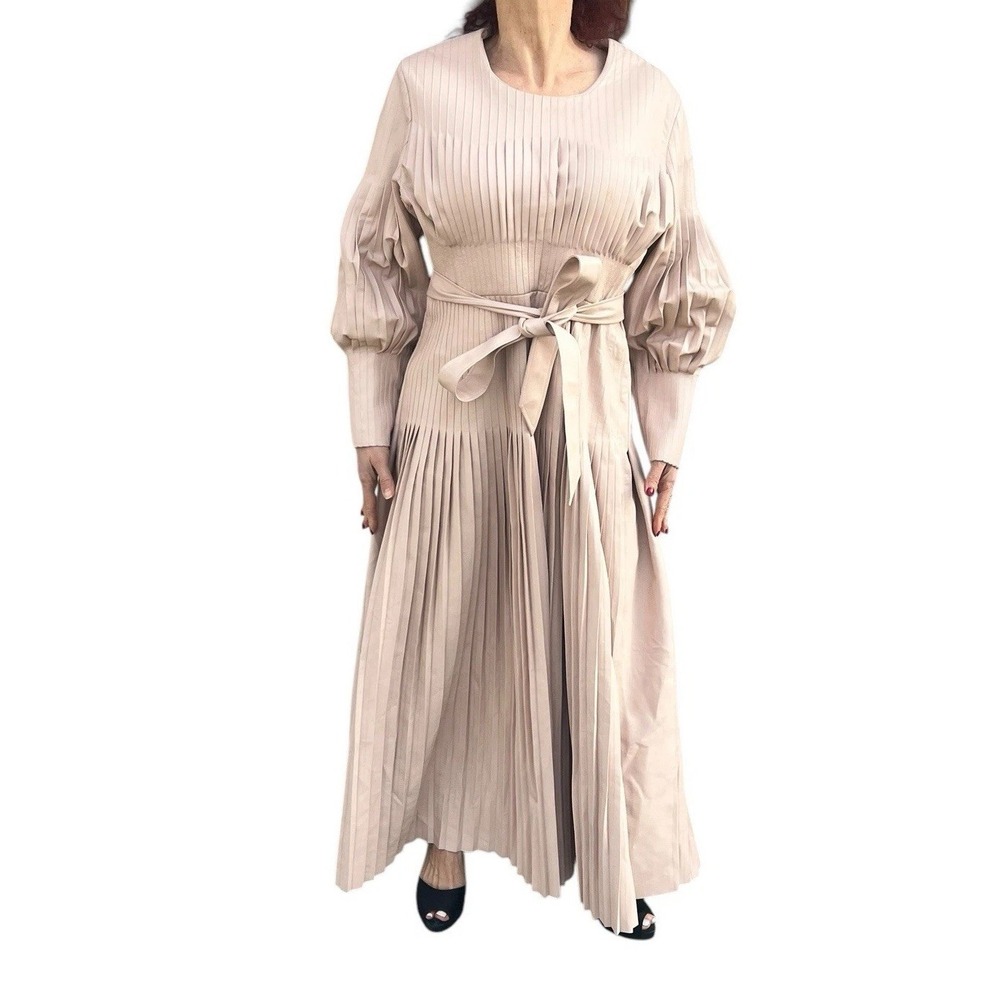 Huishan Zhang Dress Long Maxi Gown Pleated Vegan Leather Blush Long Sleeve 10 - Picture 6 of 16
